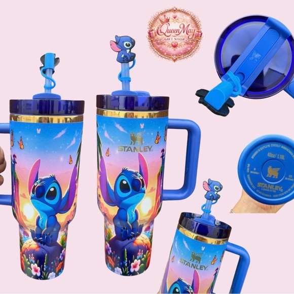 Blue Stitch Tumbler with Handle and Straw - Picture 2 of 2